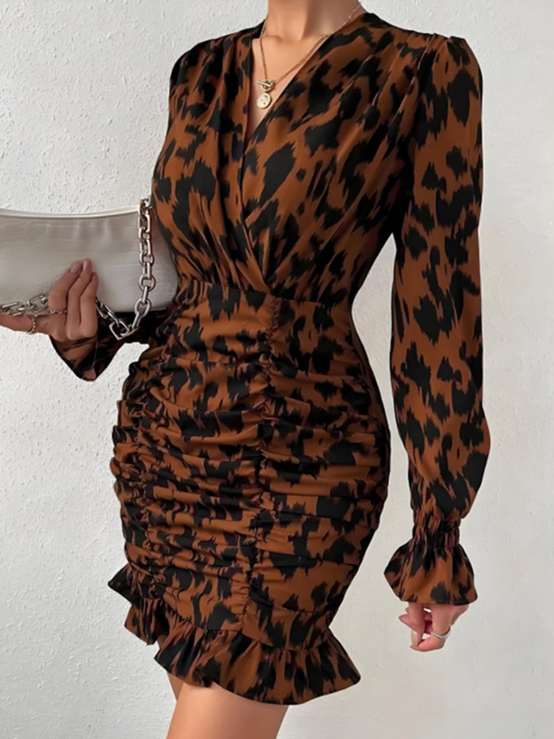 Ruched Ruffled Leopard Surplice Long Sleeve Dress Leopard