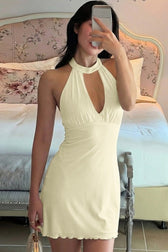 Collared Button Deep V Back Cut Out Graduation Party Dress