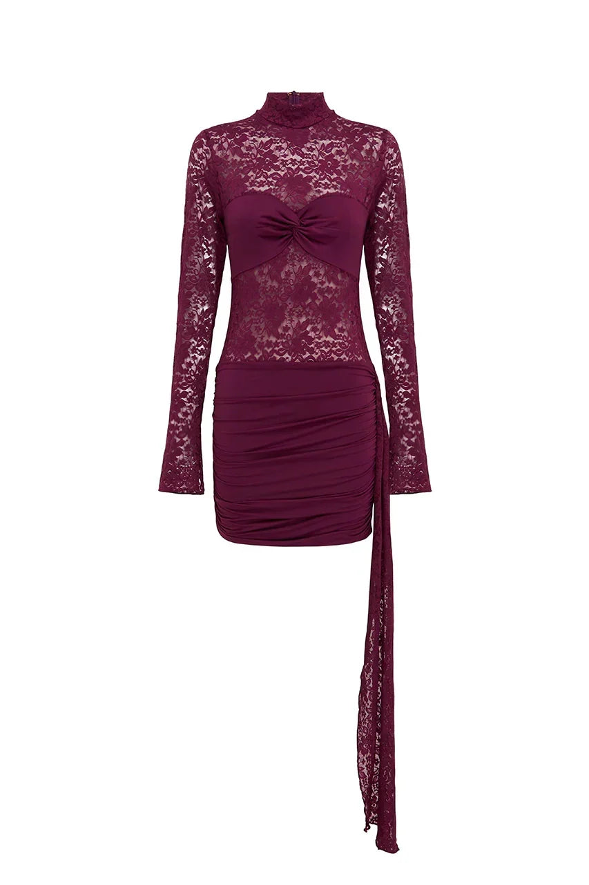 Sheer Lace Mock Neck Long Sleeve Twist Bandeau Ruched Mini Dress 6