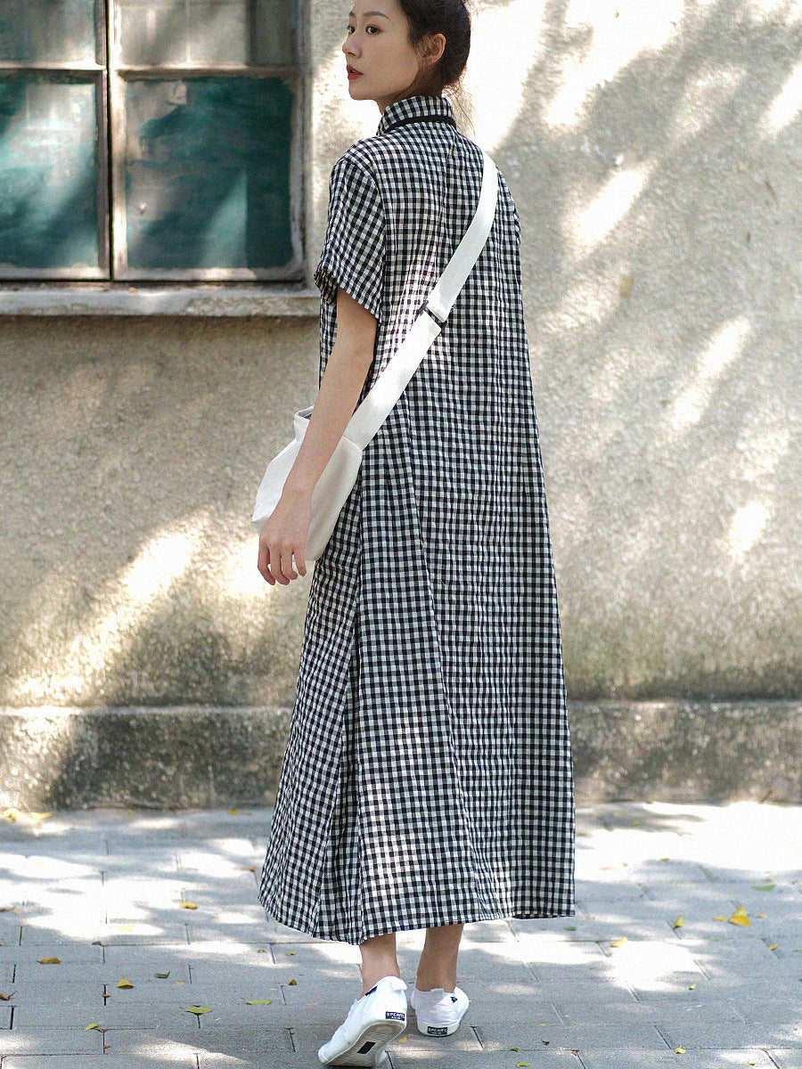 Gingham Check Mandarin Collar Frog Button Short Sleeve Side Slit Maxi Dress
