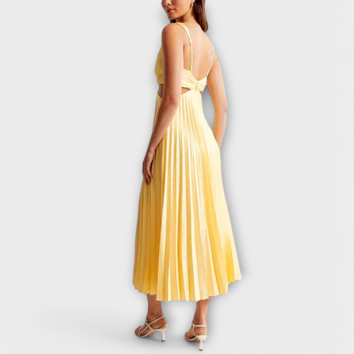 Deep V-Neck Cut Out Pleated Satin Midi Dress