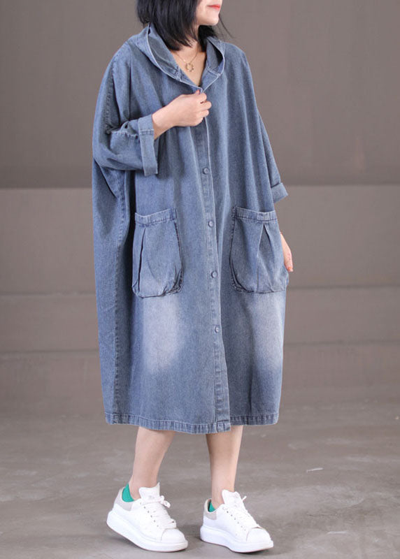 Hooded Denim Button Front Patch Pocket Oversized Long Sleeve Midi Dress