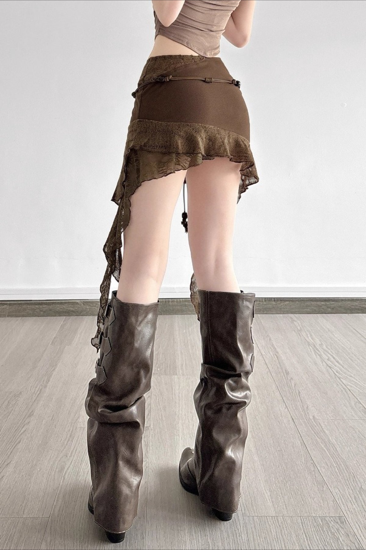 Rope Belt Asymmetric Lace Ruffle Trim Draped Hem Mini Skirt 4