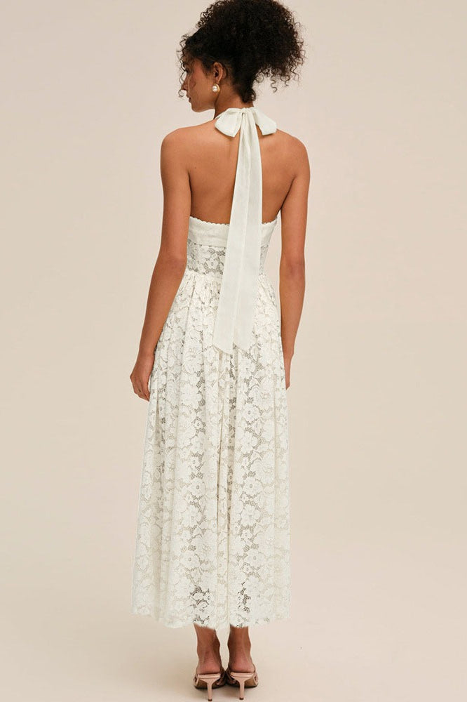 Halter Bandeau Backless Waist Cinched Solid Lace Dress