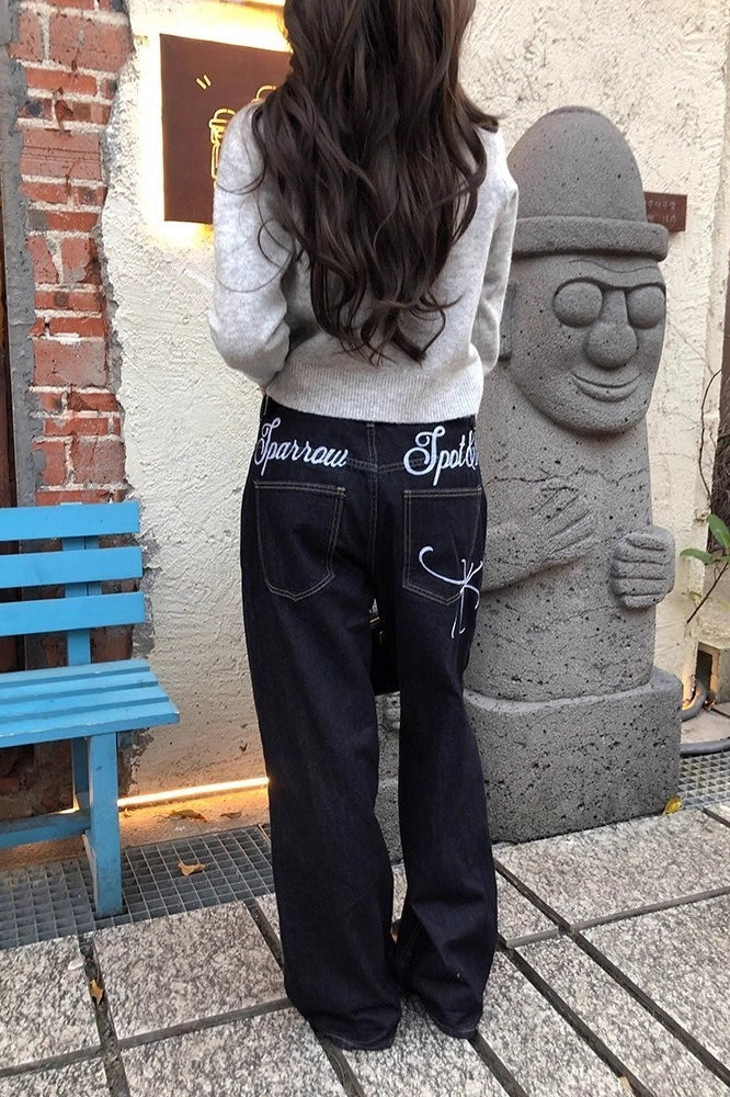 Embroidered Straight-Leg Denim Jeans