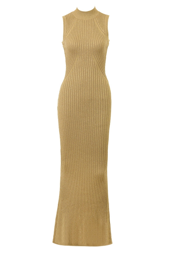 Metallic Ribbed Knit Mock Neck Sleeveless Bodycon Maxi Dress 9