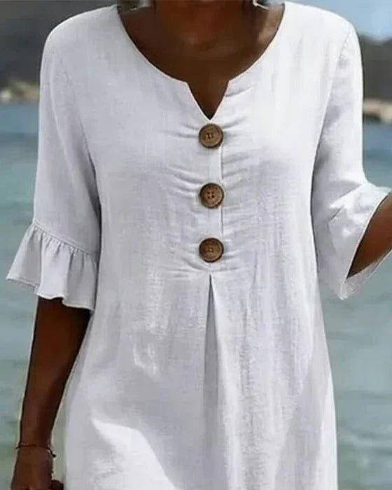 V-Neck Button Front Ruffle Sleeve Midi Dress