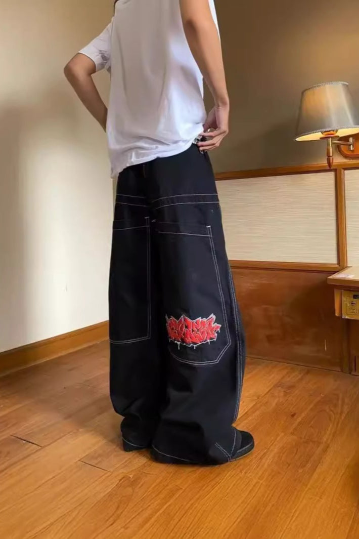 Graffiti Embroidered Pocket Contrast Stitch Baggy Wide Leg Denim Jeans