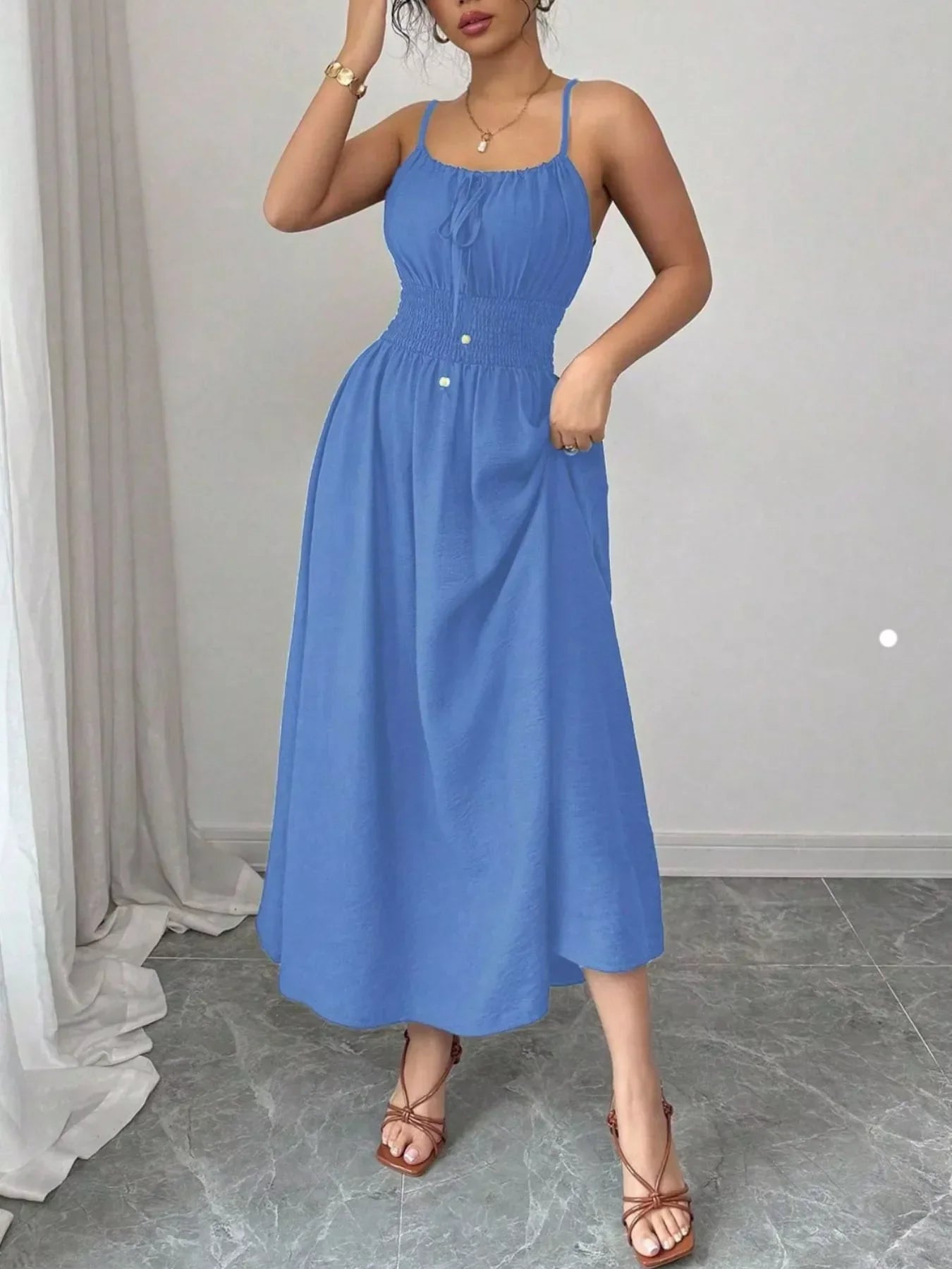 Smocked Spaghetti Strap Midi Dress
