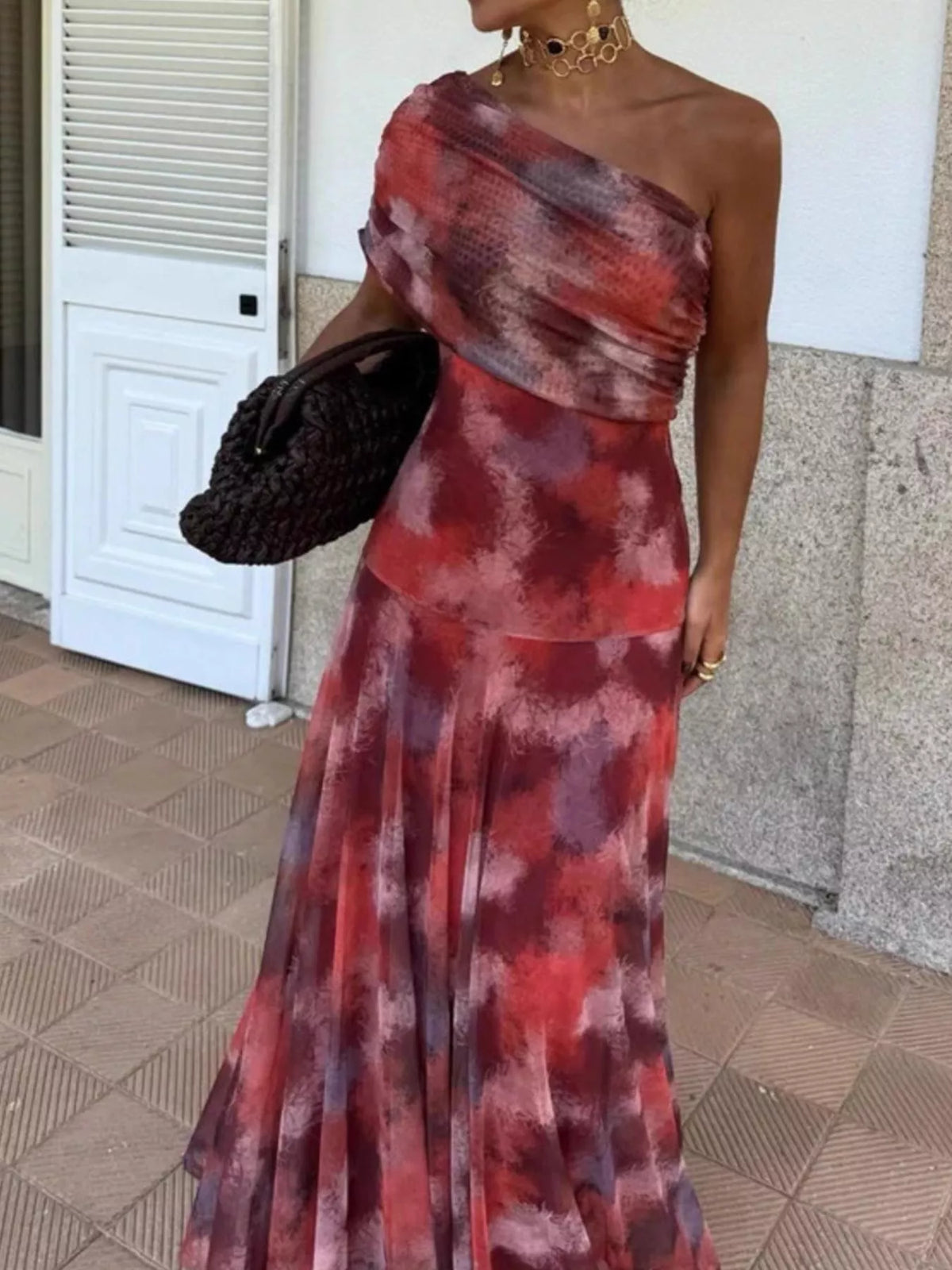 Tie Dye Mesh One Shoulder Ruched Bodice Flowy Maxi Dress 3