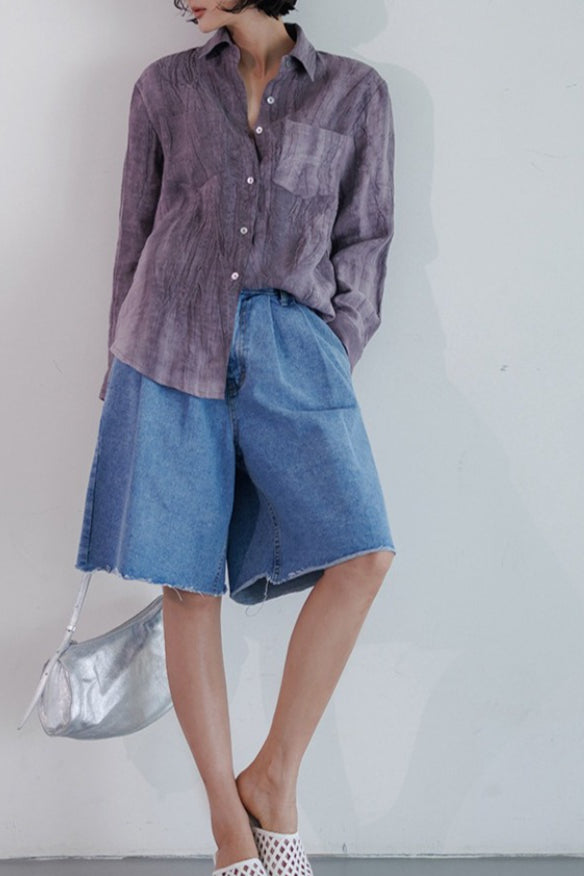 Crinkle Texture Collared Long Sleeve Twin Pocket Button Front Shirt 2