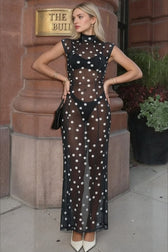 Sexy Polka Dot Silk Tie Waist Sleeveless Party Dress
