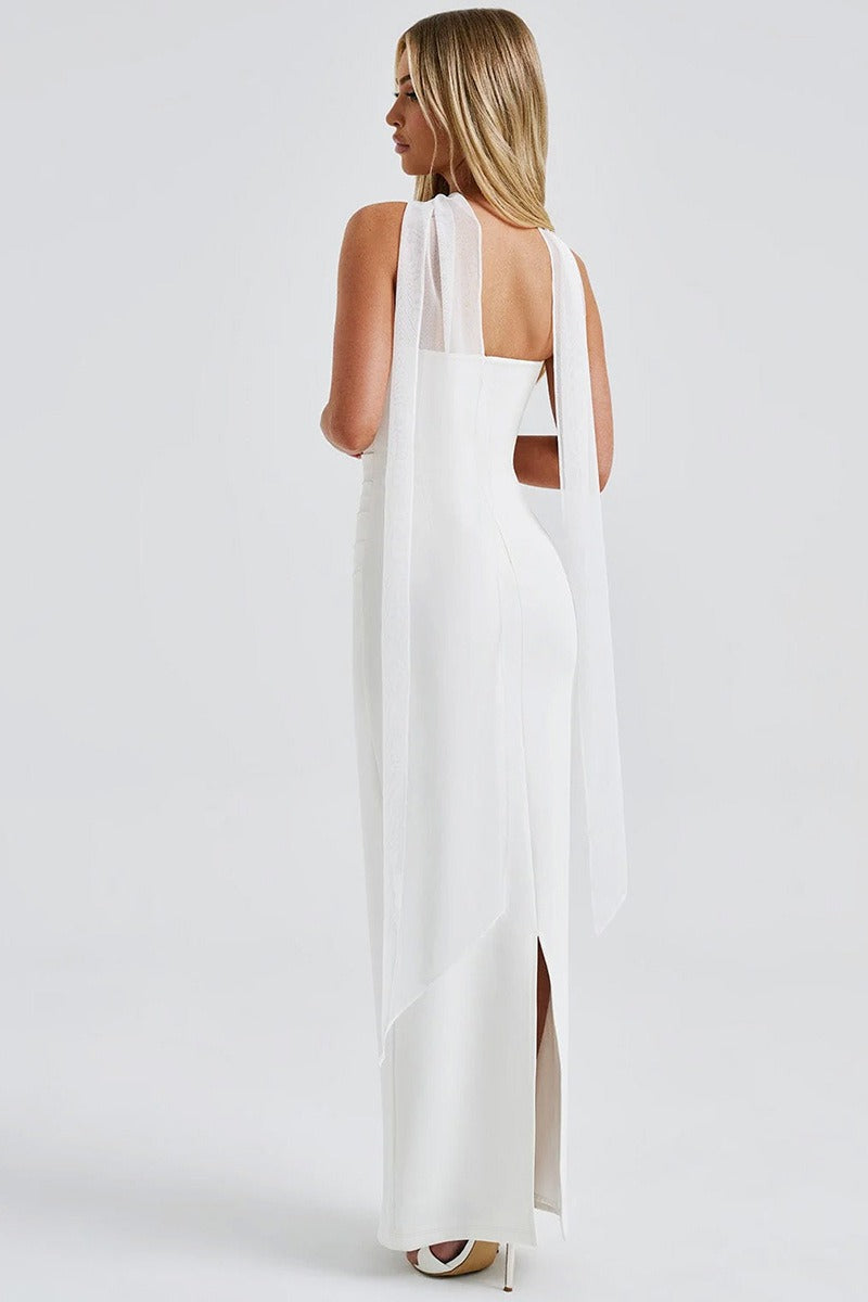 Strapless Choker Neck Ruched Sheer Glove Bodycon Maxi Dress