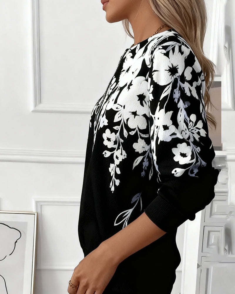 Floral Print Quarter Zip Long Sleeve Sweatshirt