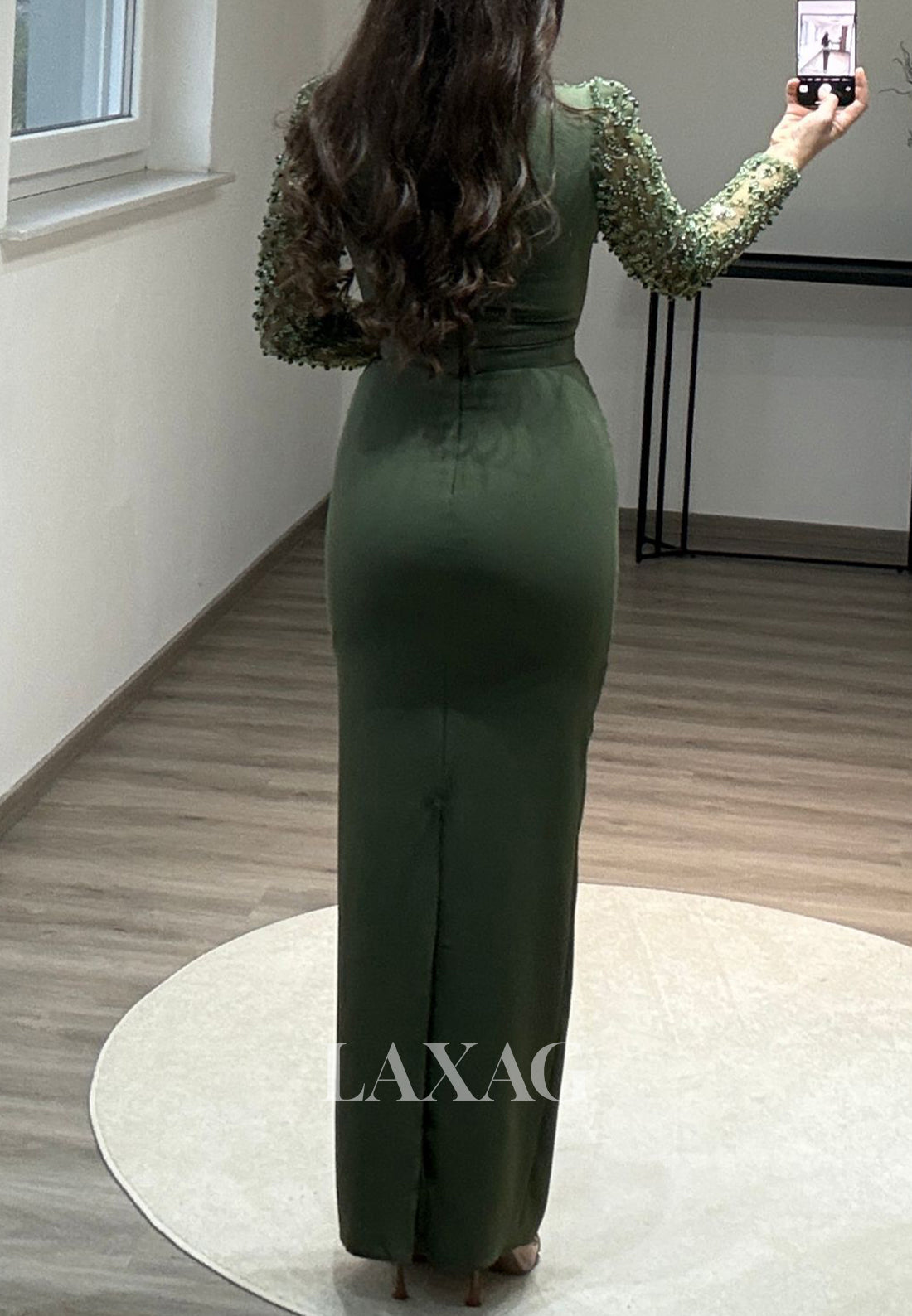 Scoop-Neck Beaded Sequined Floor-Length Party Gowns Long Sleeves Pleated Mermaid Prom Dress