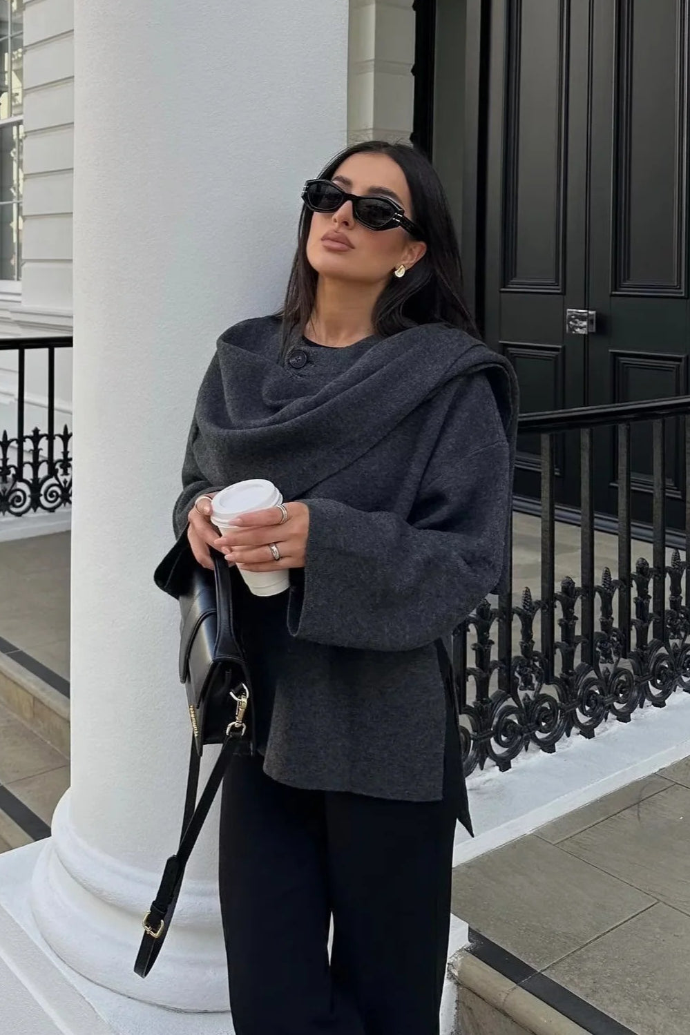 Cropped Knit Asymmetric Scarf Collar Coat