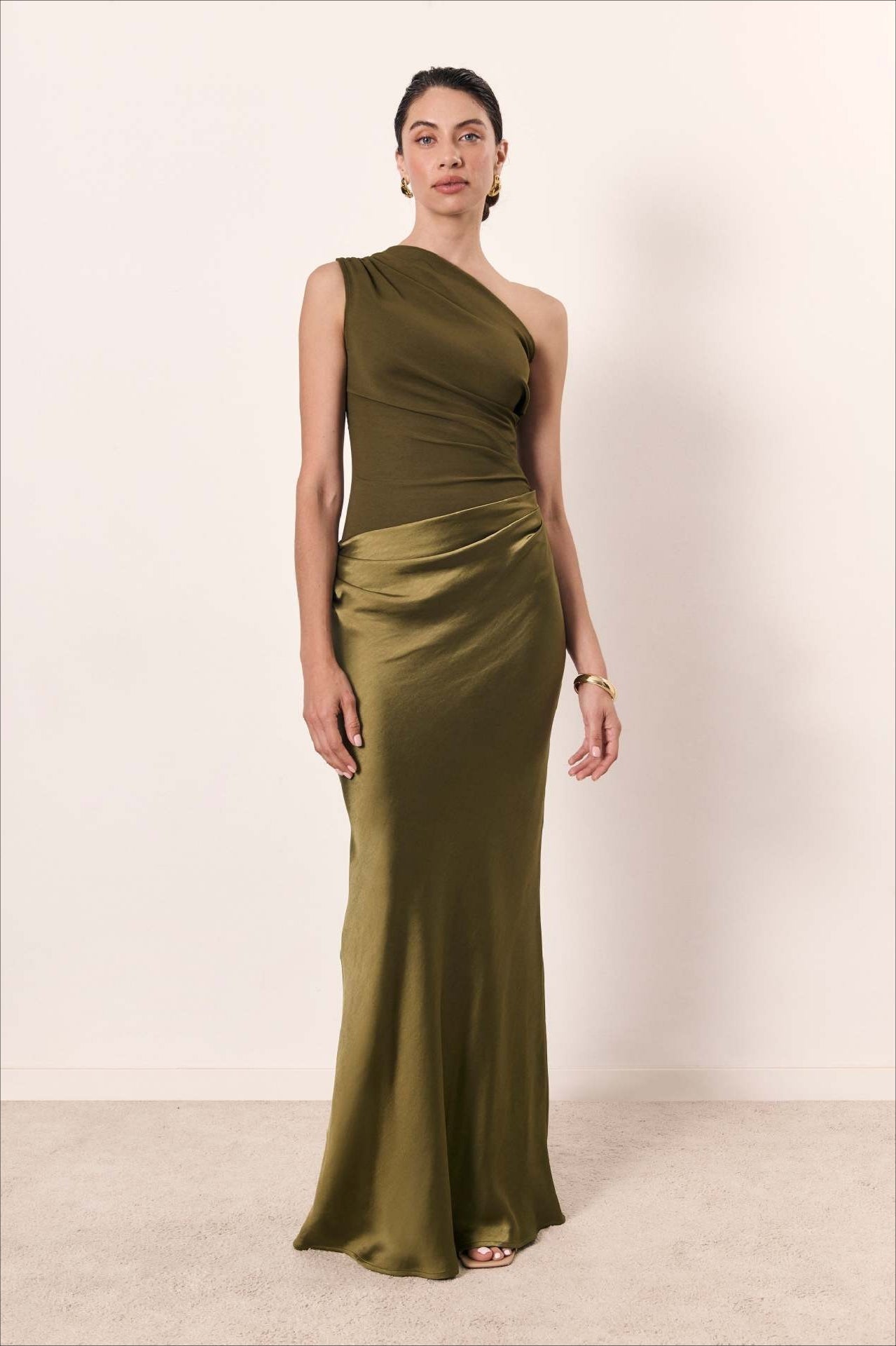 Satin One Shoulder Ruched Bodycon Maxi Dress