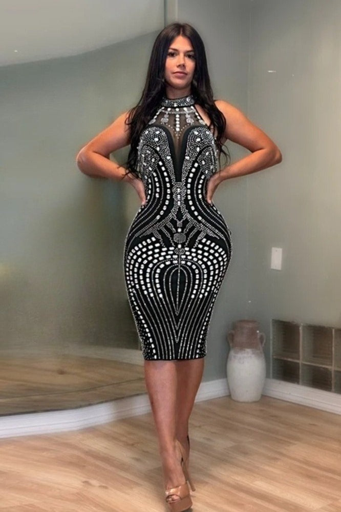 Halter Neck Sleeveless Rhinestone Mesh Panel Bodycon Midi Dress
