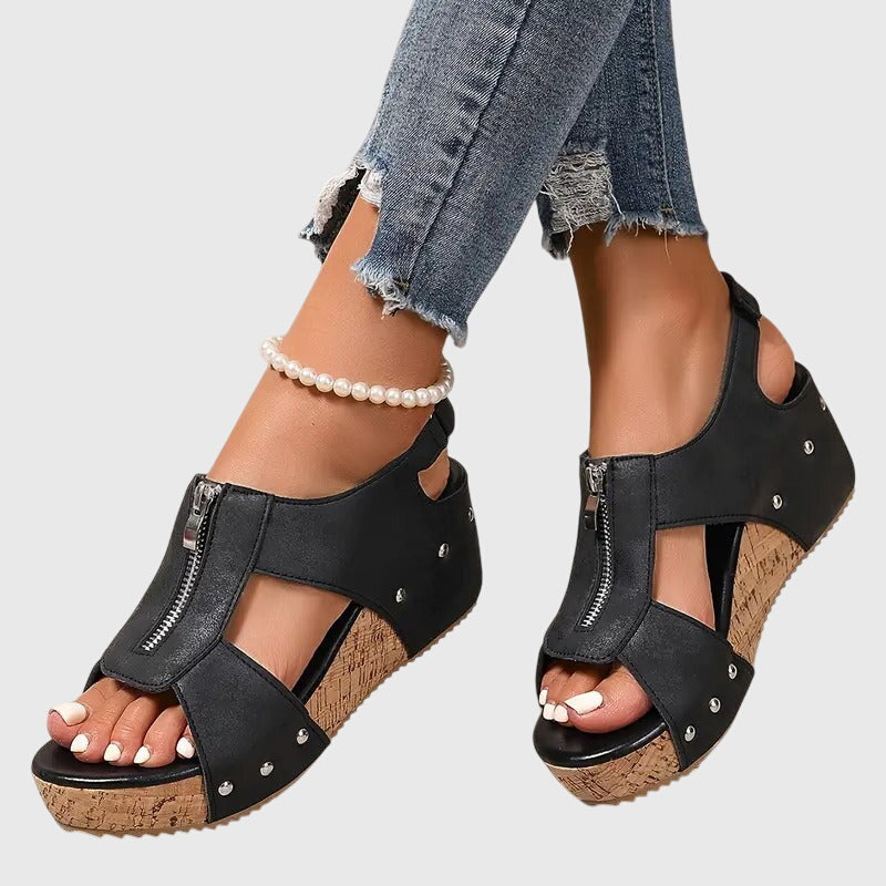 Closed Toe Zip Front Ankle Strap Wedge Sandals