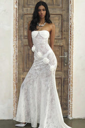 Sheer Lace Strapless Floral Applique Train Lace Dress