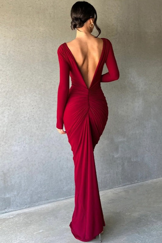 Deep V-Neck Long Sleeve Ruched Twist Front Bodycon Maxi Dress