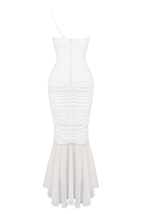 Ruched Mesh Asymmetric Neck Front Split Mermaid Maxi Dress 16