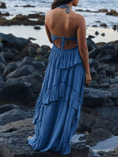 Halter Neck Deep V-Neck Ruffle Tiered Backless Maxi Dress 7