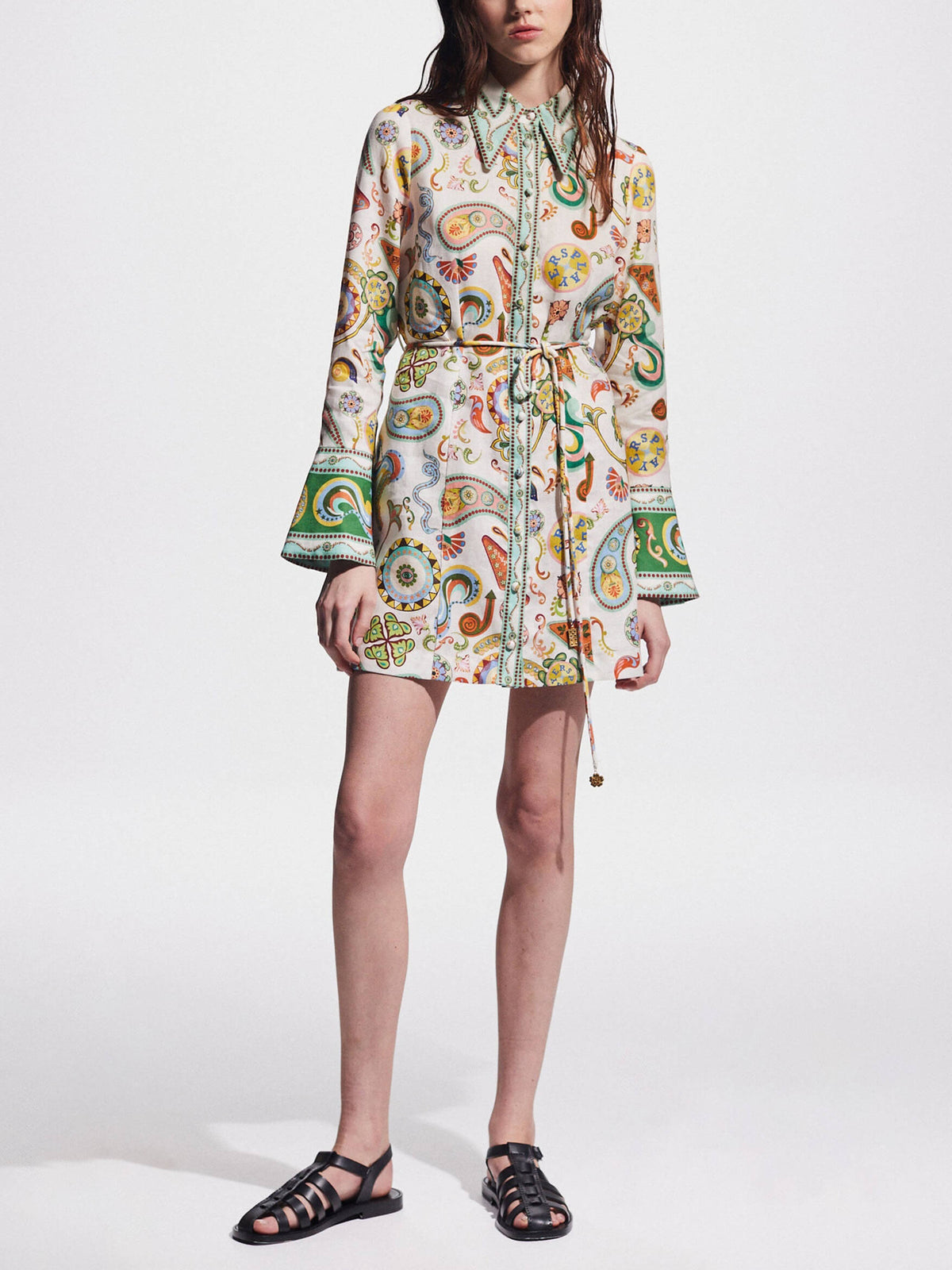 Paisley Print Pointed Collar Bell Sleeve Button Front Belted Mini Shirt Dress 5