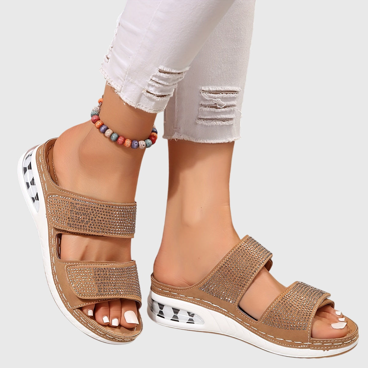 Open Toe Rhinestone Strap Wedge Platform Sandals