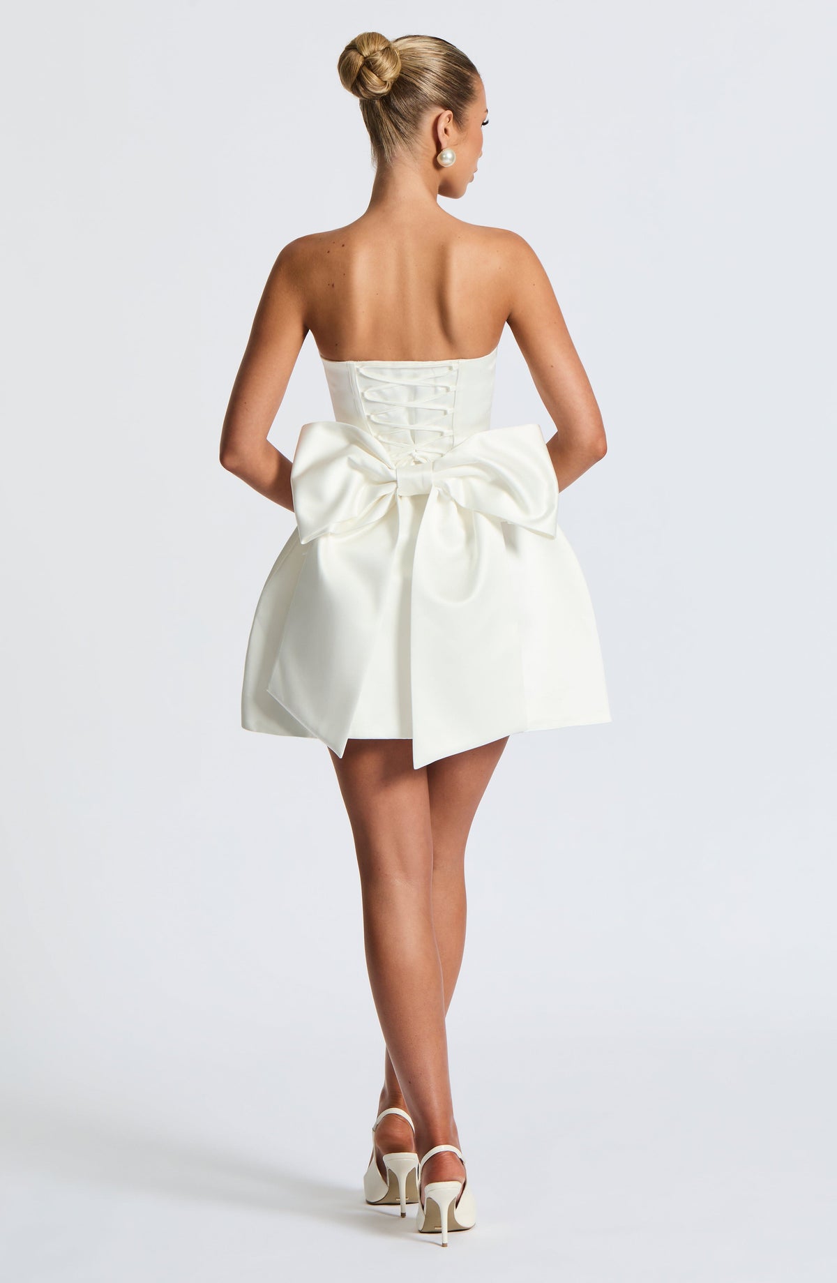 Structured Satin Strapless Bow Back Bubble Skirt Mini Dress 2