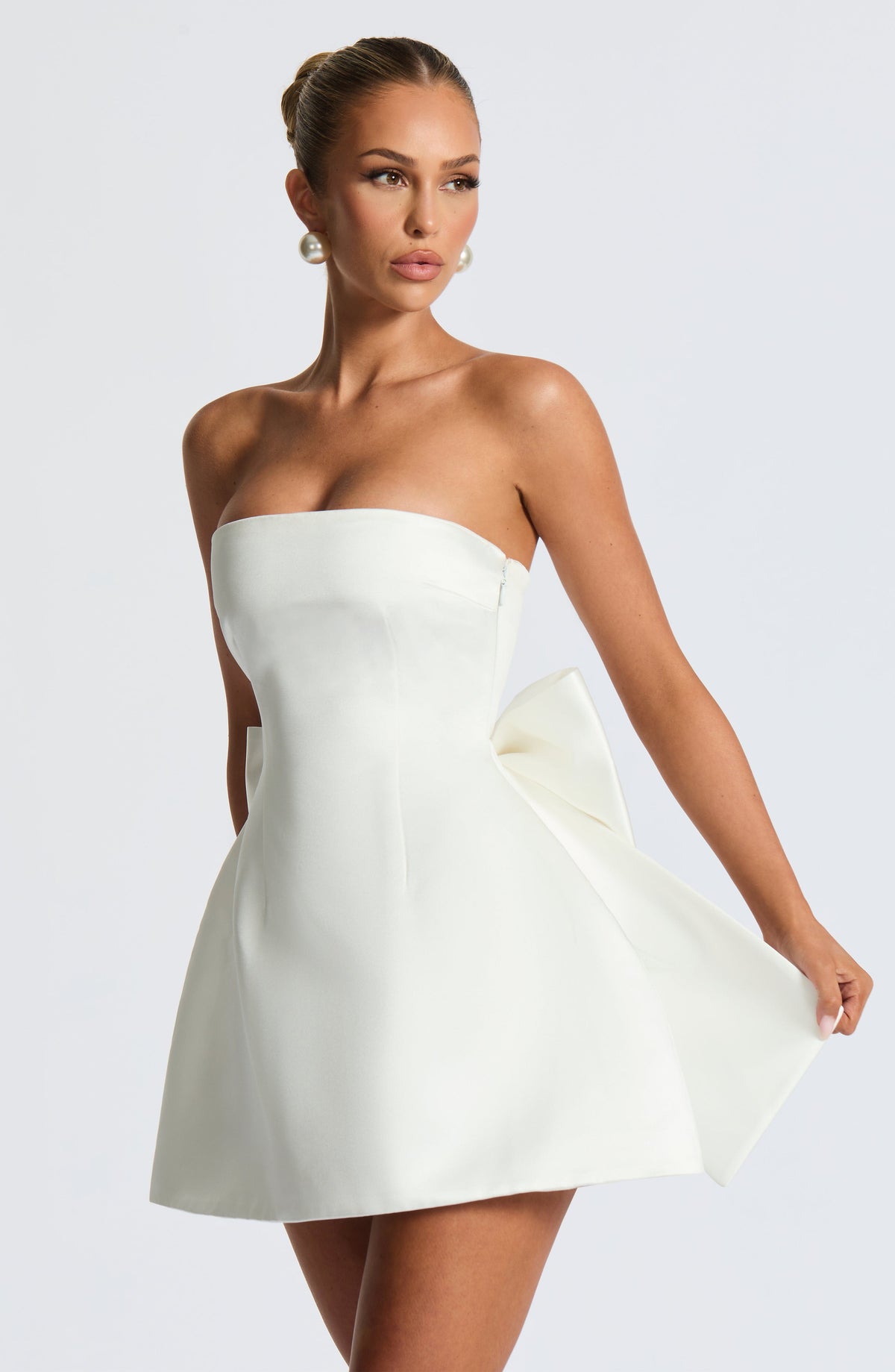 Structured Satin Strapless Bow Back Bubble Skirt Mini Dress 6