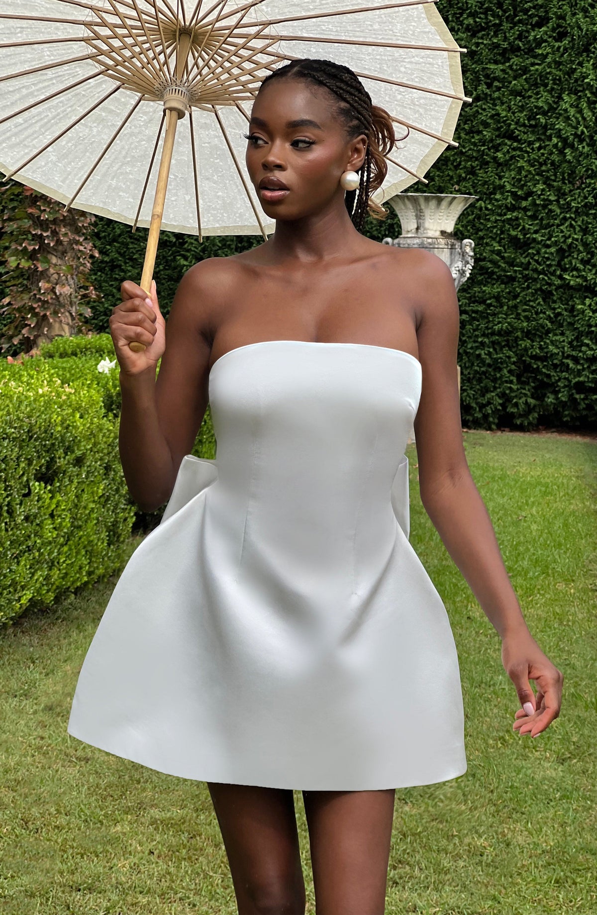 Structured Satin Strapless Bow Back Bubble Skirt Mini Dress