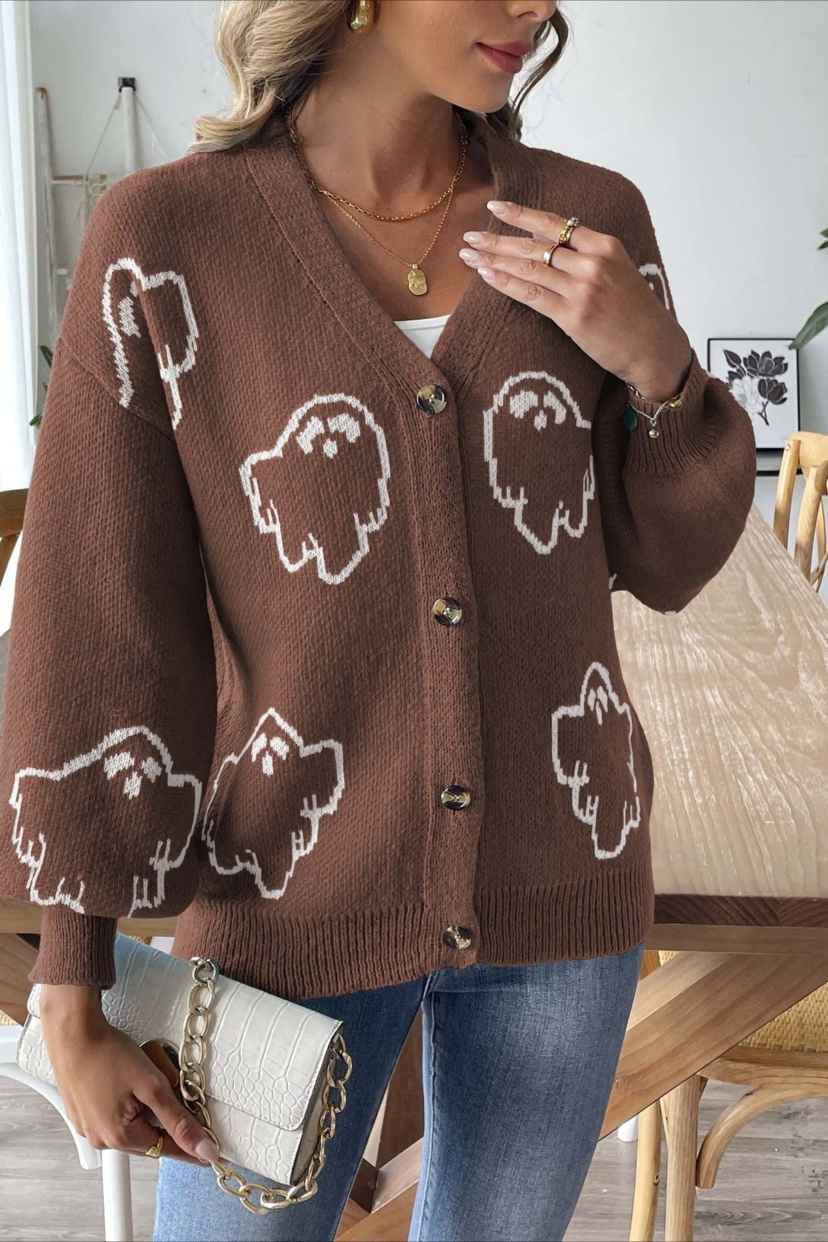 Ghost Pattern V-Neck Drop Shoulder Button Front Knit Cardigan 11