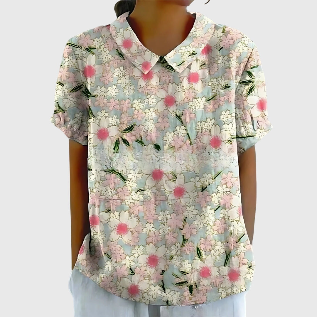 Floral Print Notch Neck Short Sleeve Linen Blouse 5