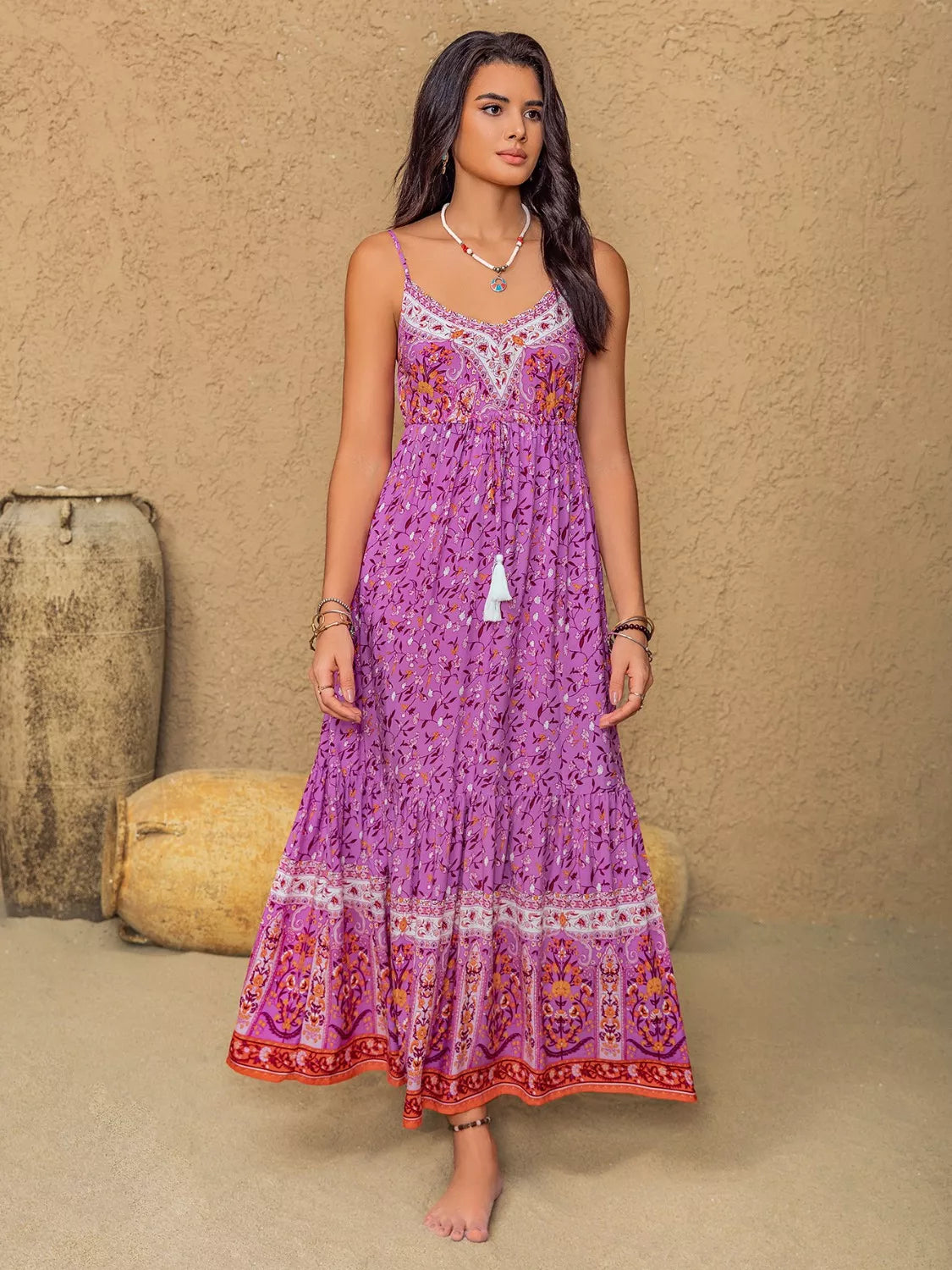 Tassel Floral Print Cami Dress