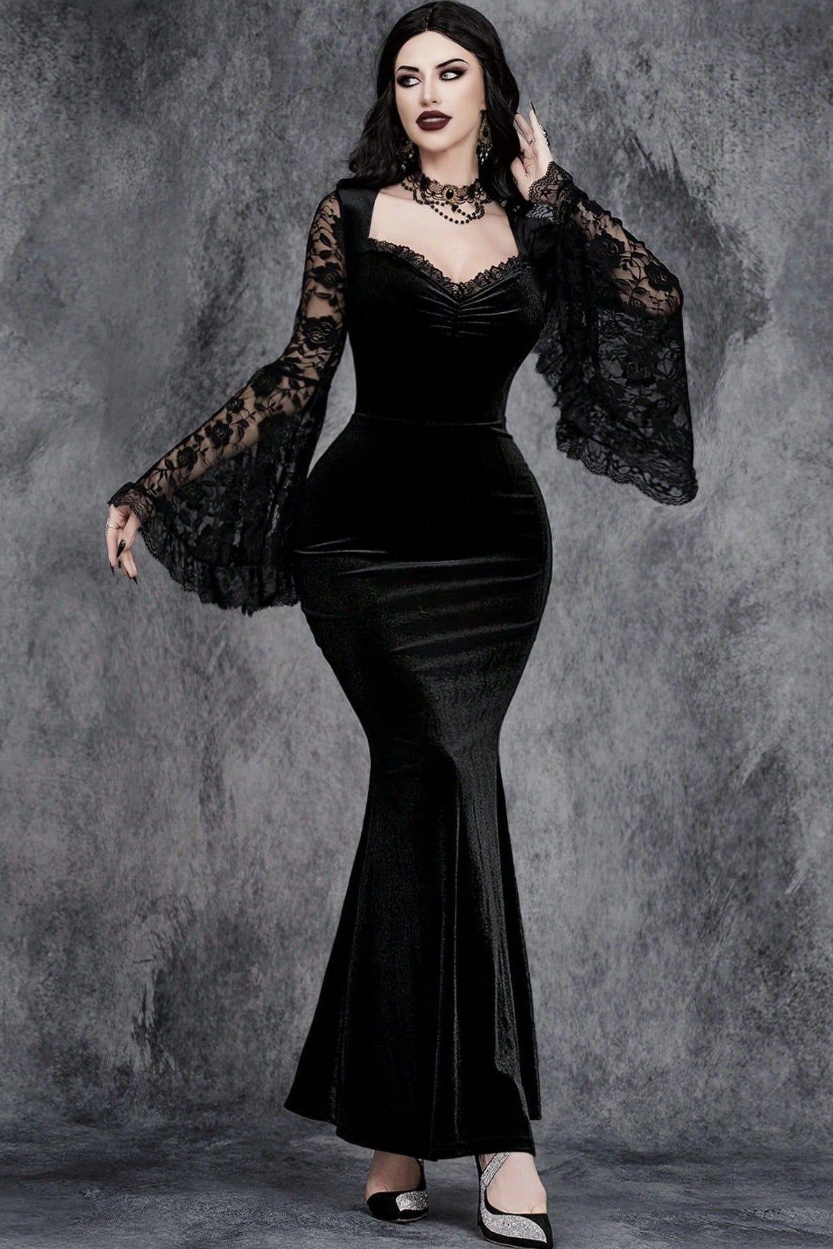 Halloween Gothic Lace Flare Sleeve Dress