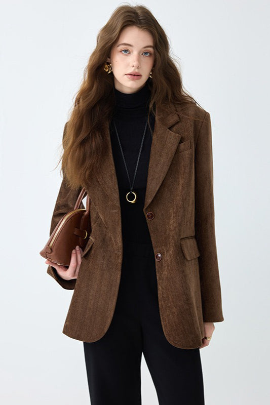 Oversized Corduroy Look Notch Lapel Two Button Flap Pocket Blazer