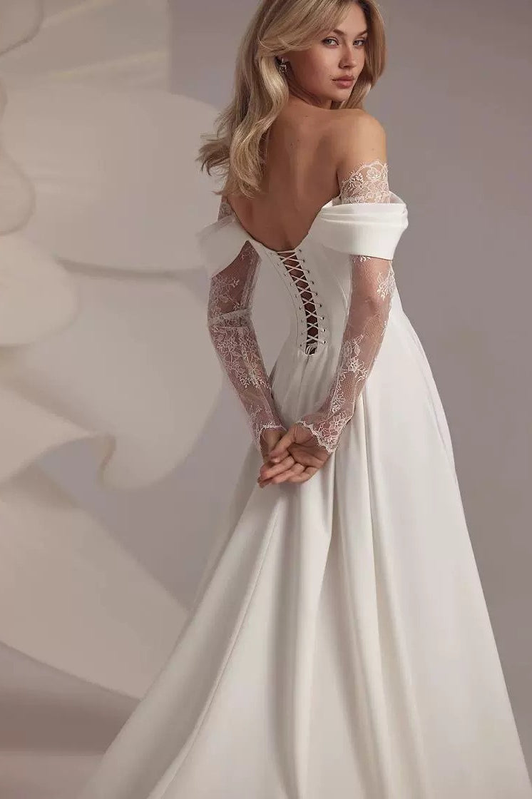 Off Shoulder Train Elegant White Wedding Dress