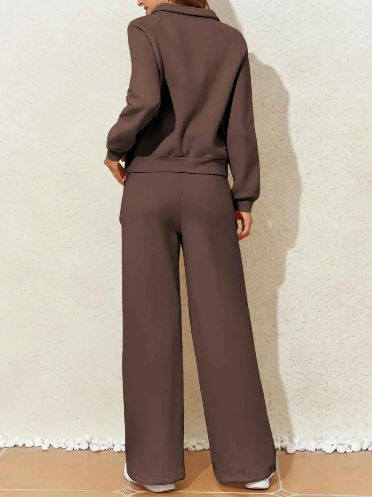 Collared Button Placket Sweatshirt and Seam Front Wide Leg Pants Two Piece Set 9