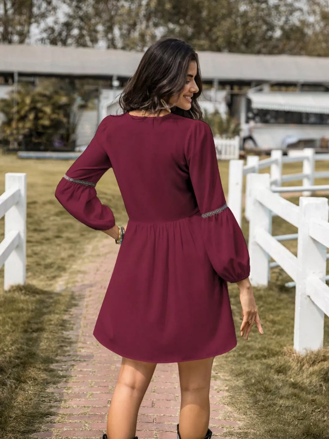 Embroidered Tape Trim Notch Neck Long Sleeve Smock Mini Dress 12