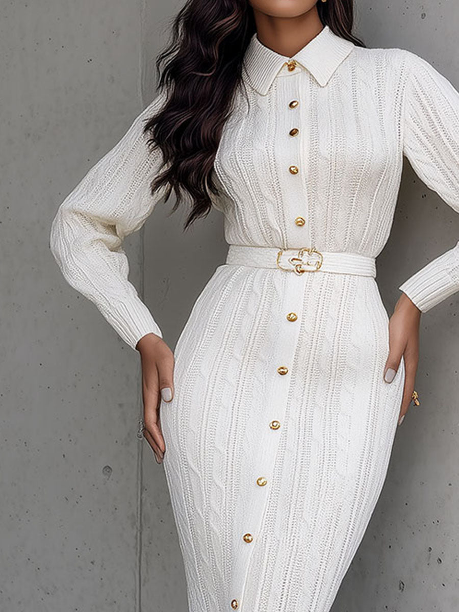 Elegant White Cable Knit Button-Down Belted Midi Dress