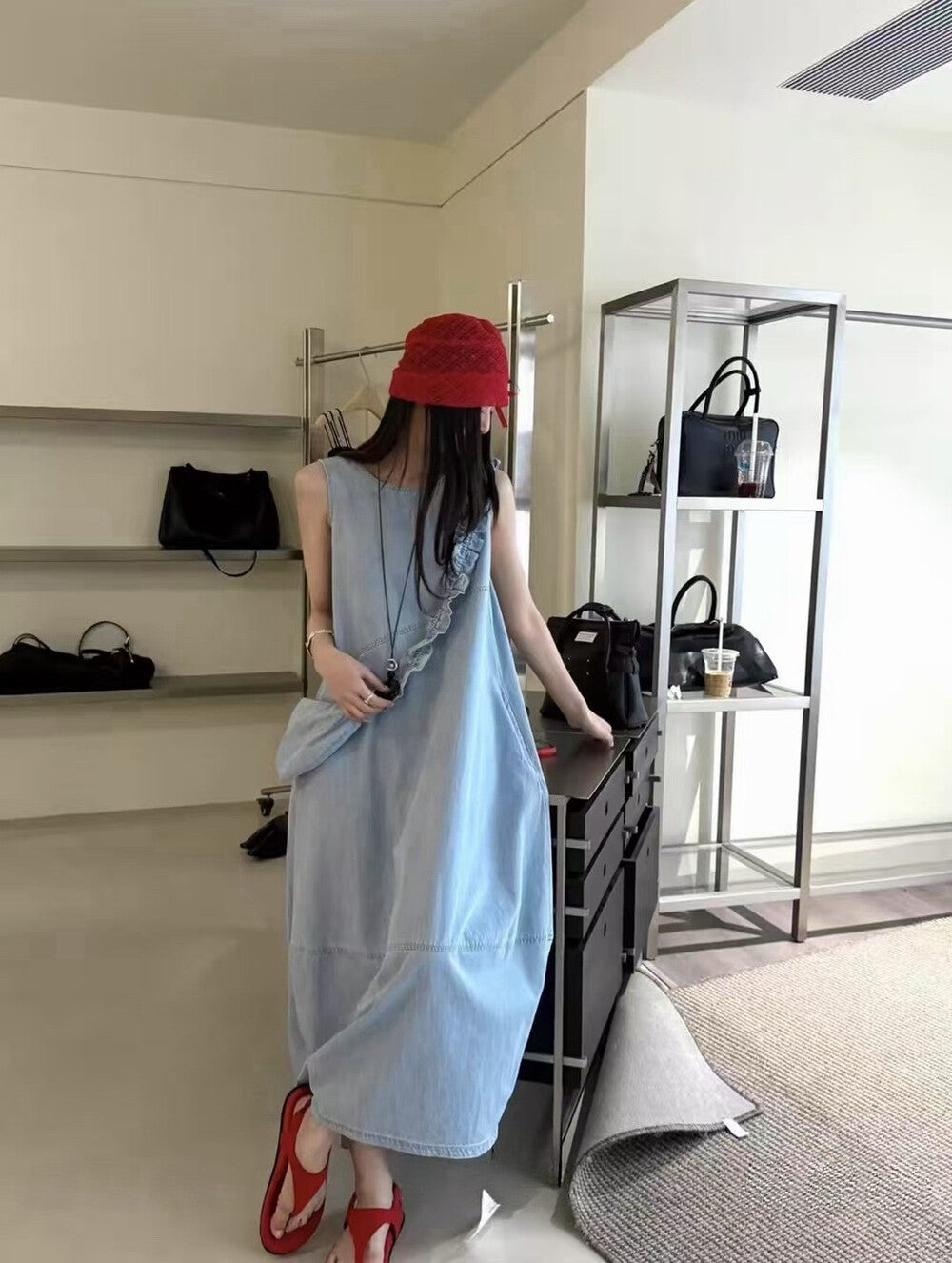 Denim Sleeveless Ruffle Trim A-Line Maxi Dress 16