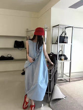 Denim Sleeveless Ruffle Trim A-Line Maxi Dress 16
