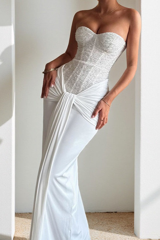 Sequin Strapless Corset Ruched High Split Mermaid Maxi Dress