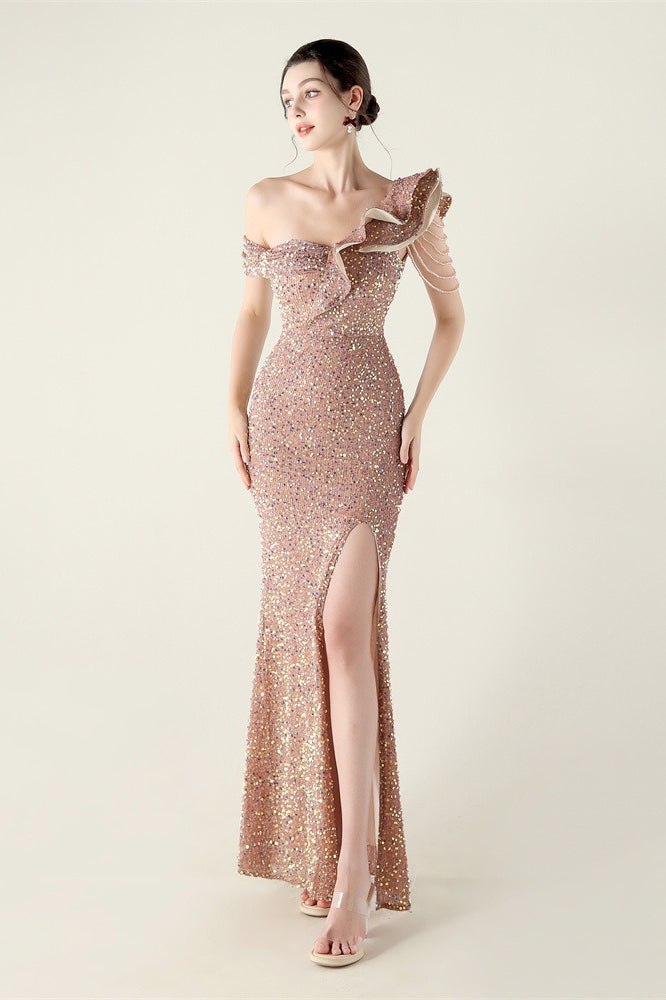Sequin One Shoulder Ruffle High Split Mermaid Gown