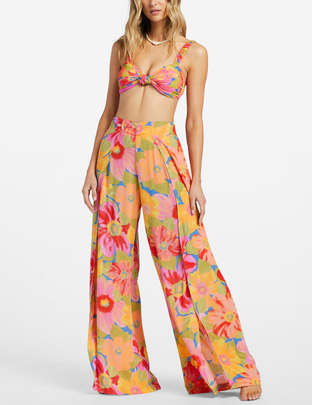 Floral Print High Waist High Split Wide Leg Pants