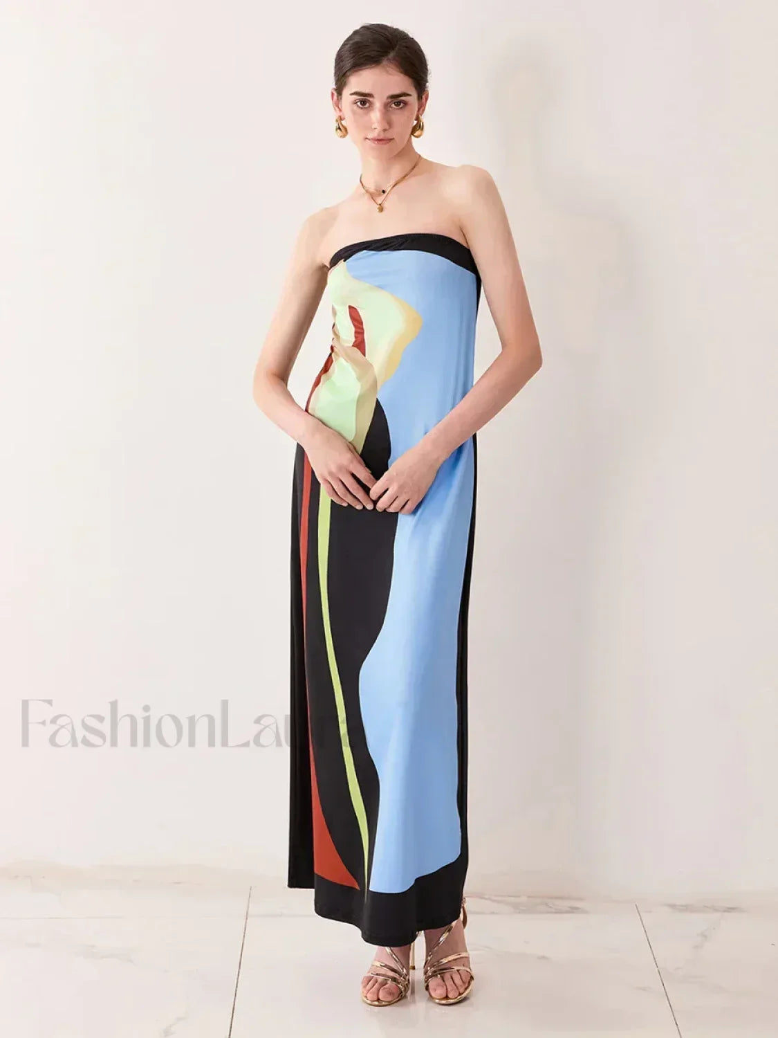 Abstract Strapless Loose Maxi Dress blue / S