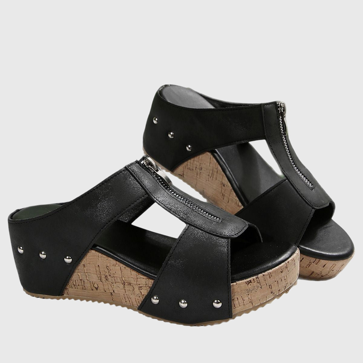 Open Toe Zip Front Cork Platform Wedge Mules 6