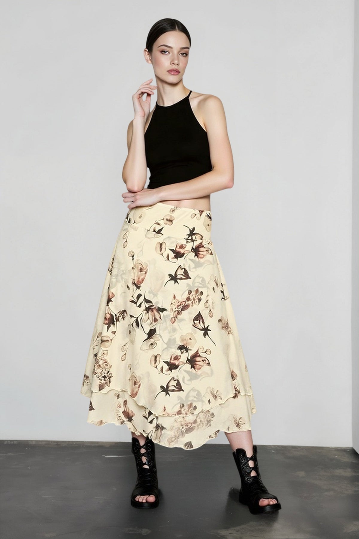 Floral Print Sheer Mesh Fold Over Waist Handkerchief Hem Midi Skirt 6