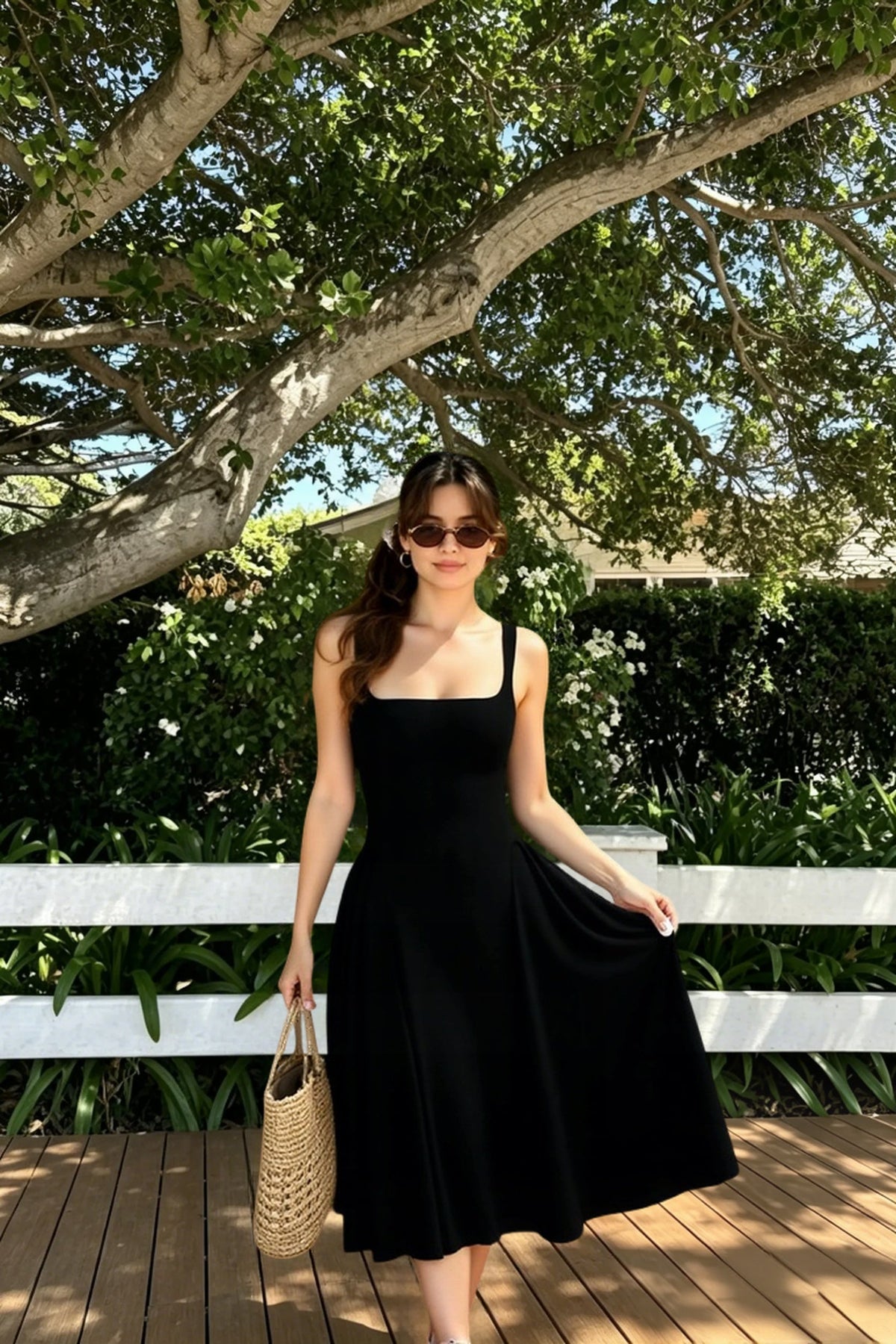 Square Neck Sleeveless Fit and Flare Midi Dress